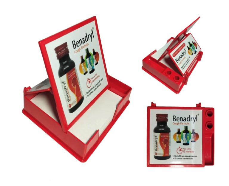 130. Custom Printed Plastic Pen Stand With Pad/Benadryl | Corporate Gifting And Branding